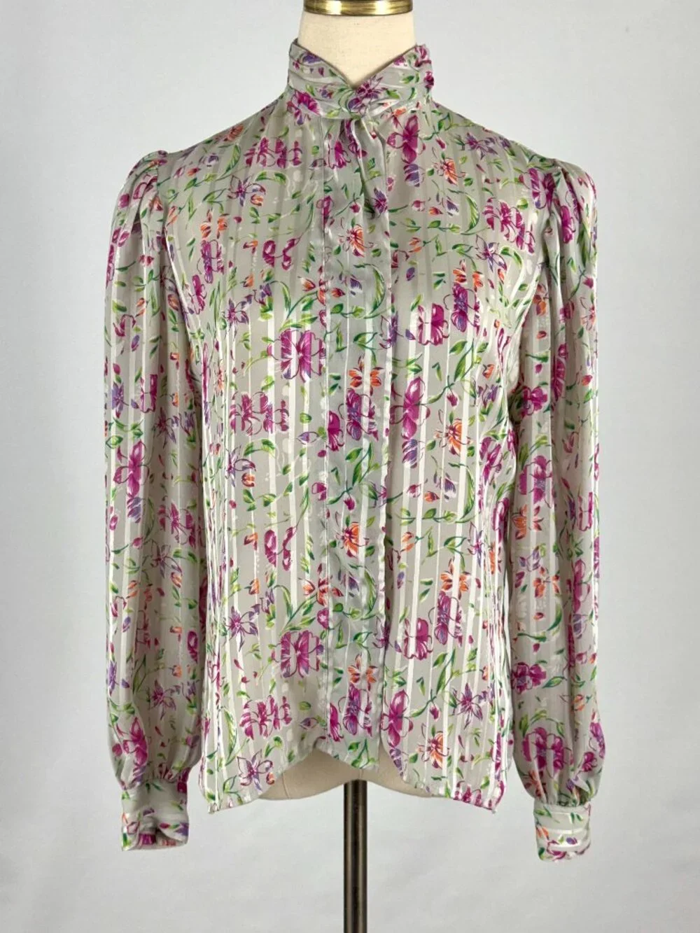 Vtg 80s Floral Striped Puff Sleeve Button Up Blouse High Neck Career Office